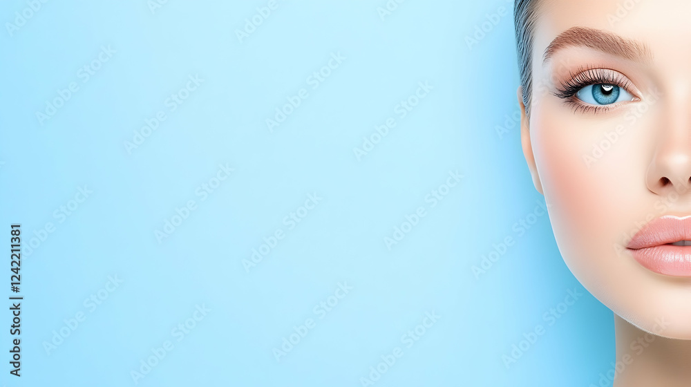 Naklejka premium Woman's face, blue background, beauty, skincare, cosmetic ad