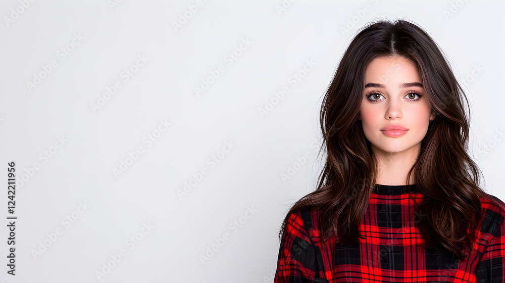Young woman, red plaid shirt, studio portrait, white background, fashion Young woman, red plaid shirt, studio portrait, white background, fashion