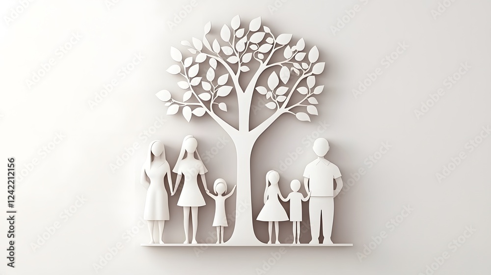 Conceptual family tree with clean grid arrangement and symbolic geometric shapes Minimalist 3D digital art for business corporate or organizational design concepts