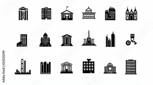 Comprehensive set of building design icons showcasing a range of architectural styles from ancient temples to modern factories