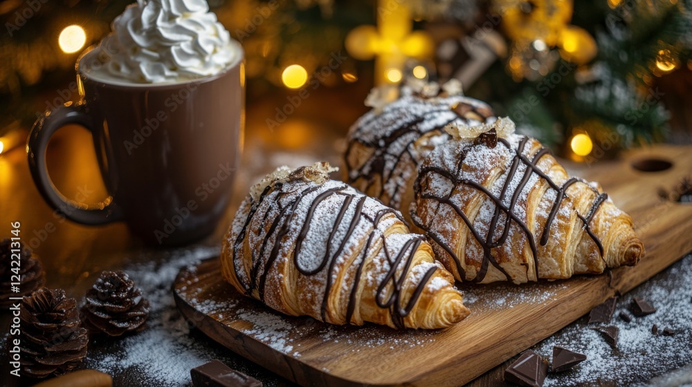 Warm Croissant with Chocolate and Whipped Cream in Festive Setting Warm Croissant with Chocolate and Whipped Cream in Festive Setting