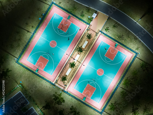 Aerial top view from flying drone of the basketball field