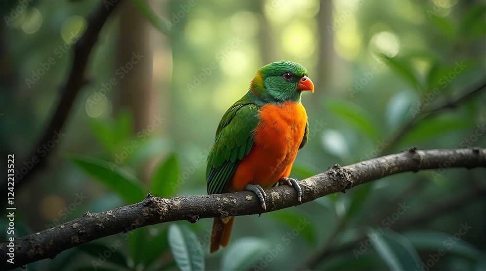 Vibrant Green and Orange Lorikeet Perched on Branch in Lush Forest Setting Stunning Wildlife Photography Nature Image Bird Vibrant Green and Orange Lorikeet Perched on Branch in Lush Forest Setting Stunning Wildlife Photography Nature Image Bird