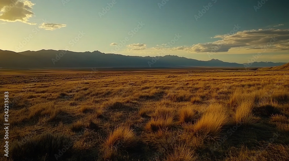 Fototapeta premium A vast golden grassland with mountains silhouettes under a blue sky and few clouds