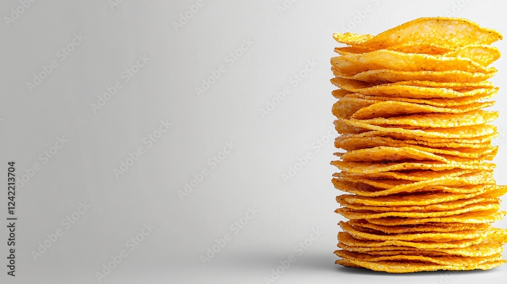 Crispy potato chips stack, light background, food photography, snack Crispy potato chips stack, light background, food photography, snack