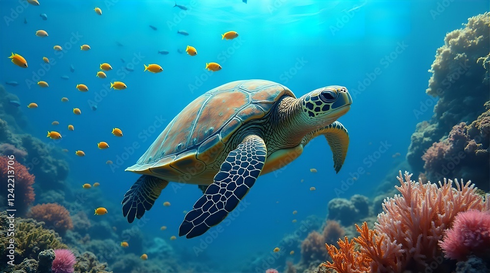Obraz premium Majestic Sea Turtle Gracefully Swimming in Vibrant Coral Reef Ecosystem with Colorful Fish Stunning Underwater Photography