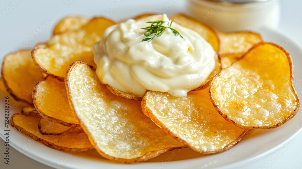 Crispy Potato Chips with Creamy Dip Delight Culinary Still Life Temptation on White Plate Delight. Crispy Potato Chips with Creamy Dip Delight Culinary Still Life Temptation on White Plate Delight.