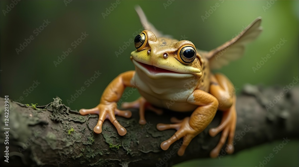 Adorable Flying Frog on Branch Close Up Photo: Fantasy Art, Surreal Nature, Cute Amphibian, Wildlife Photography, Digital Painting, Green Background