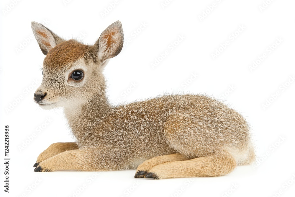 Fototapeta premium Cute Young Fawn Lying on White Background with Innocent Expression