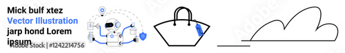 Modern technology setup with gadgets and icons, hand-drawn shopping bag illustration, and simplistic cloud design line art. Ideal for e-commerce, minimal design, data, cloud computing, digital