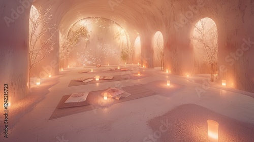 A serene meditation space with candles and soft lighting in a calming pastel color palette photo