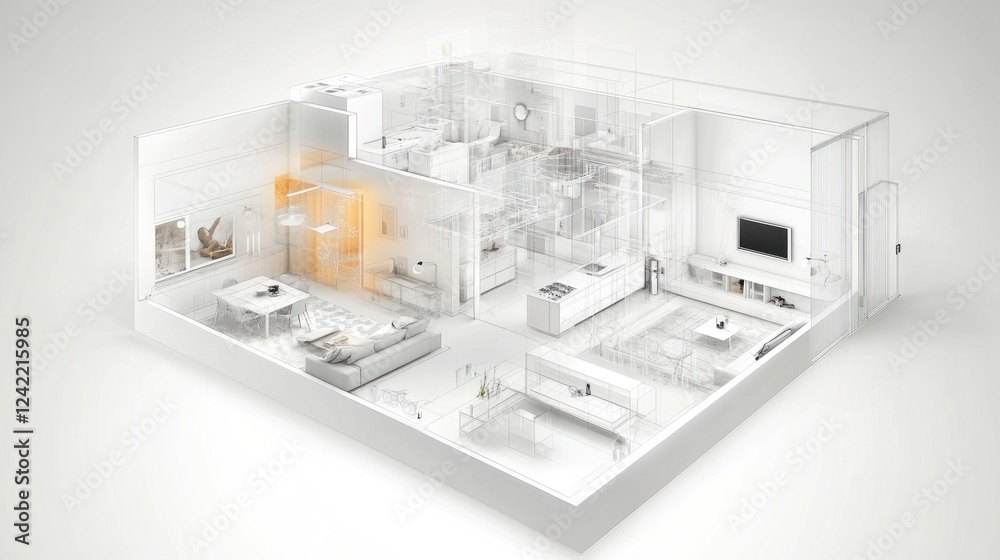 Smart home interior design, 3D cutaway model. Smart home interior design, 3D cutaway model.