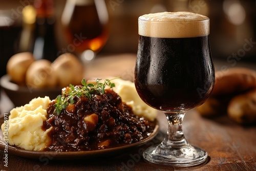 Hearty stew, mashed potatoes, dark beer, pub setting, food photography