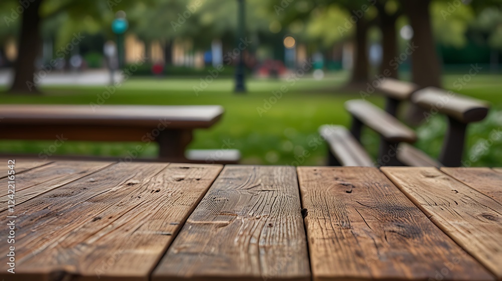 Empty wood table top on City Park with a blurred background. The focus is on the table surface.