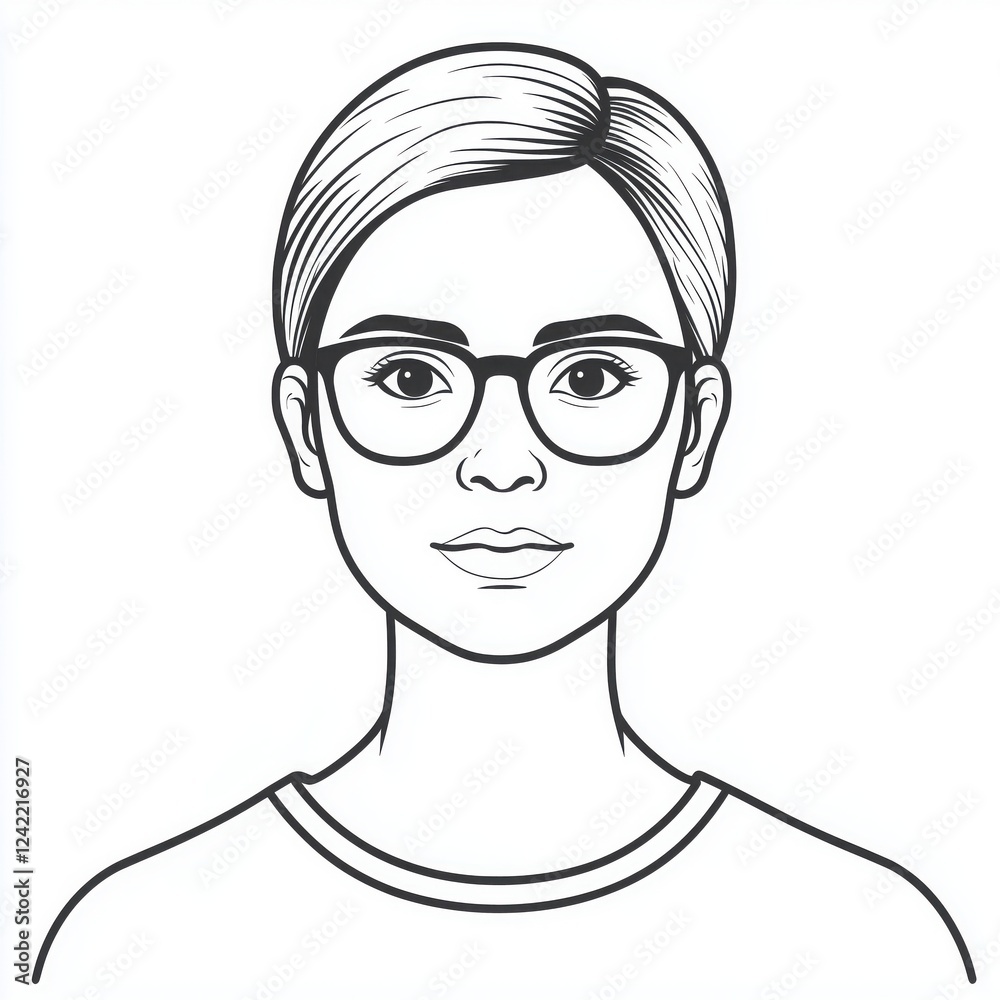 Stylish Woman with Short Hair and Glasses, Line Art Illustration Stylish Woman with Short Hair and Glasses, Line Art Illustration