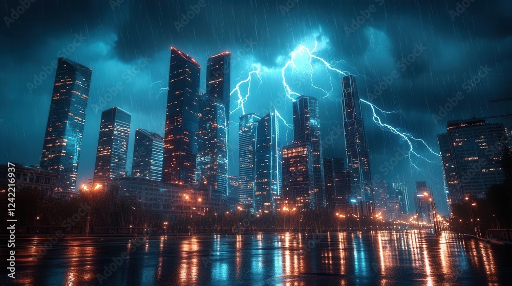 Obraz premium Electric Storm Above Urban Skyline at Night, Dramatic Lightning Display for Cityscape Photography