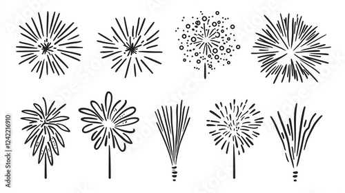 Handdrawn Fireworks Collection, 8 Unique Black Ink Fireworks Designs for Print and Web