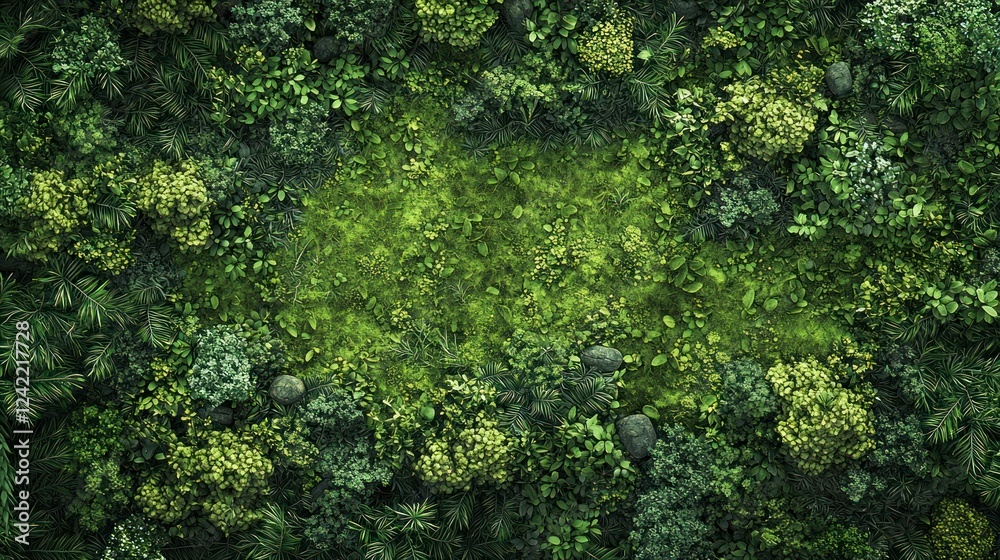 Fototapeta premium Lush green clearing aerial view, jungle foliage background, nature design