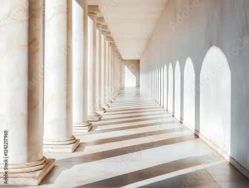 infinite corridor of white marble columns with dramatic shadows, creating rhythmic geometric patterns in perspective