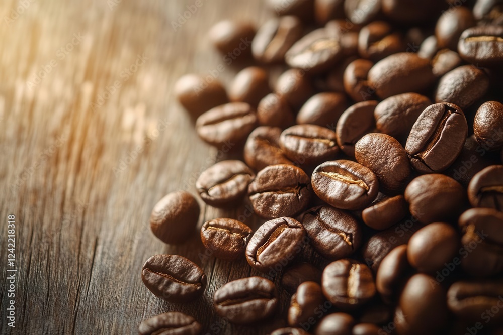 Naklejka premium Freshly Roasted Coffee Beans Close-Up with Golden Hour Lighting and Soft Bokeh Background