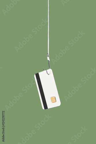 Bank card hanging on fishing hook over green studio background photo