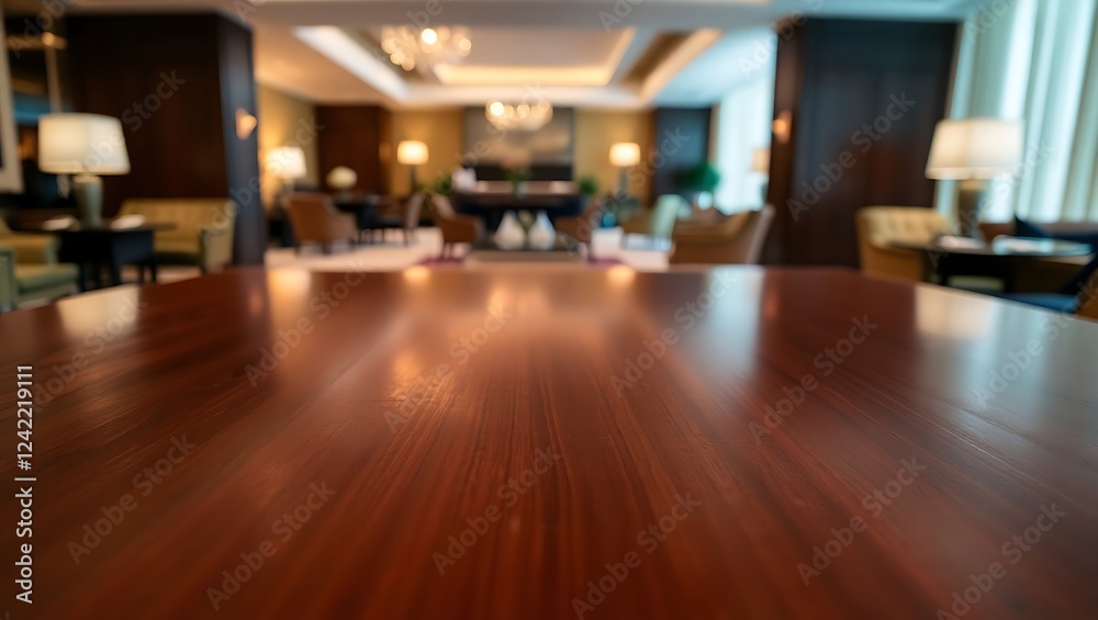 Fototapeta premium Empty wood table top in a luxurious hotel lounge with a blurred background. The focus is on the table surface