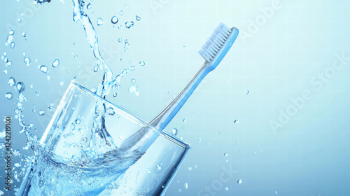 toothbrush in glass splashes water, creating refreshing scene. vibrant blue background enhances clean and hygienic feel, perfect for dental care themes