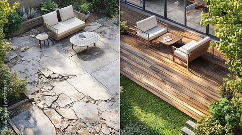 Before & after patio renovation cracked concrete replaced with modern wood deck, outdoor furniture.