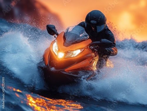 Orange jet ski carving through ocean waves during golden sunset light, water sports action shot