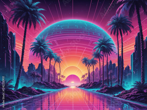 Abstract Retro futuristic style. Digital terrain with holographic palm trees in front of cyber laser sunset. Neon light color illustration background