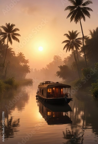 Houseboat gliding through the misty landscape of Kerala backwaters at sunset, expansive, river, kerala