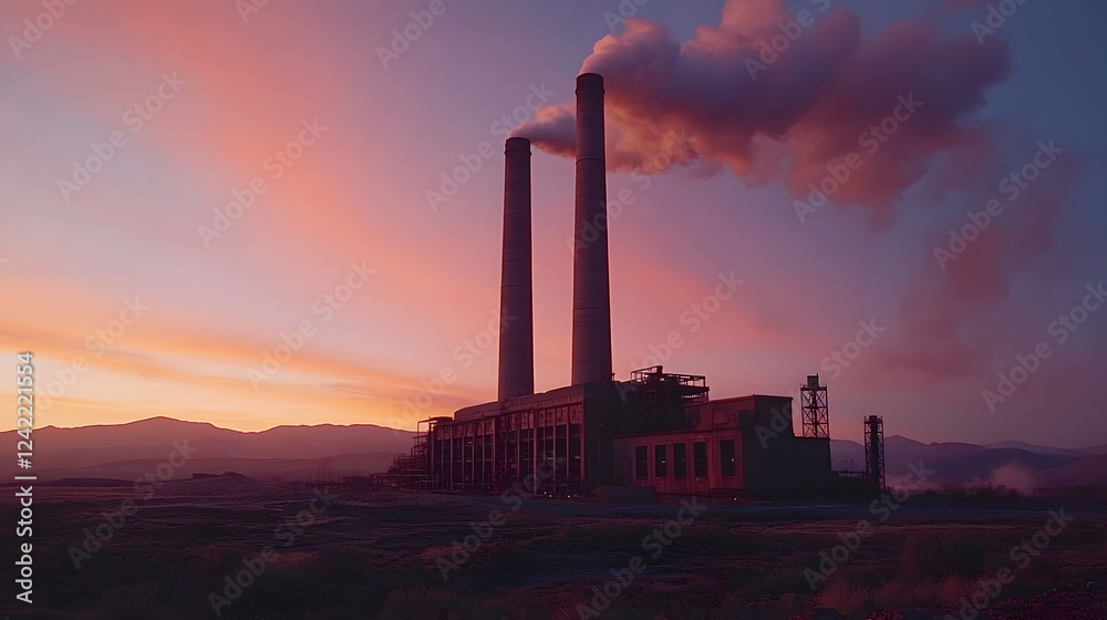 Clean coal technology site during sunset warm light with smoke rising from factory industrial landscape at dusk Clean coal technology site during sunset warm light with smoke rising from factory industrial landscape at dusk