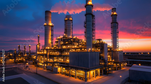 Clean coal technology site during sunset warm light showcasing industrial landscape and smoke billowing into the sky photo