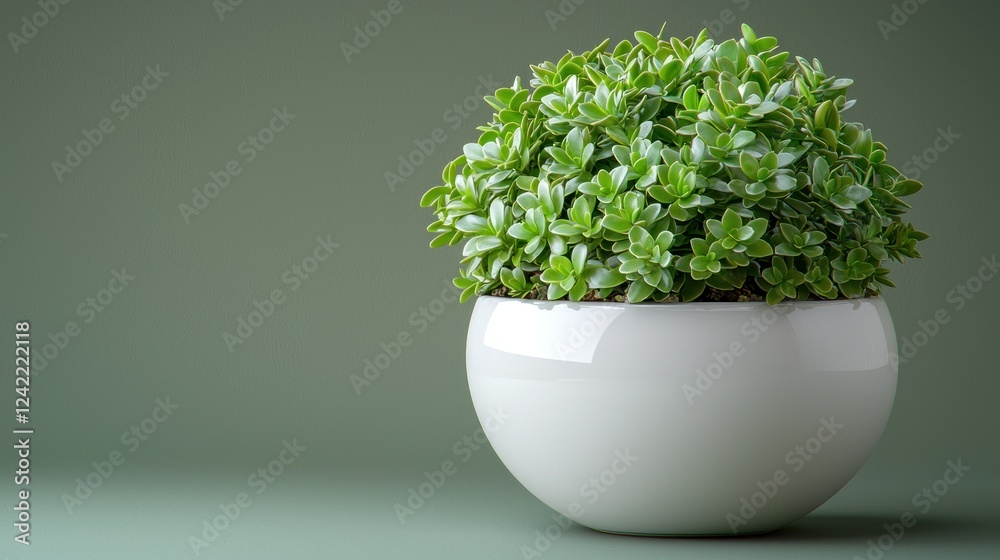 Lush succulent in white pot, green background, studio shot, home decor Lush succulent in white pot, green background, studio shot, home decor