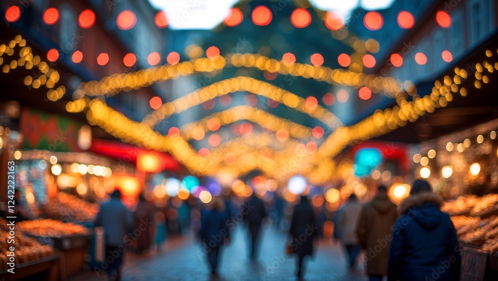 Blurry street view of lively market with bokeh lights Blurry street view of lively market with bokeh lights