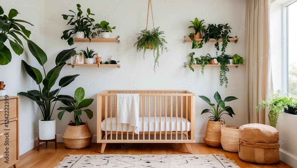 Fototapeta premium Bright minimalistic nursery featuring crib and natural decor
