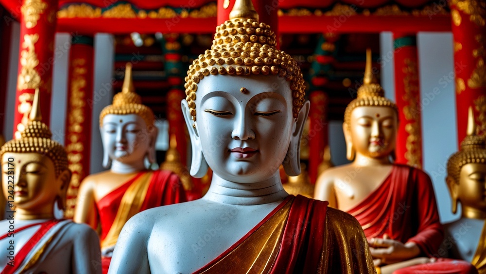 Obraz premium Close up of serene buddha statues in vibrant temple decor