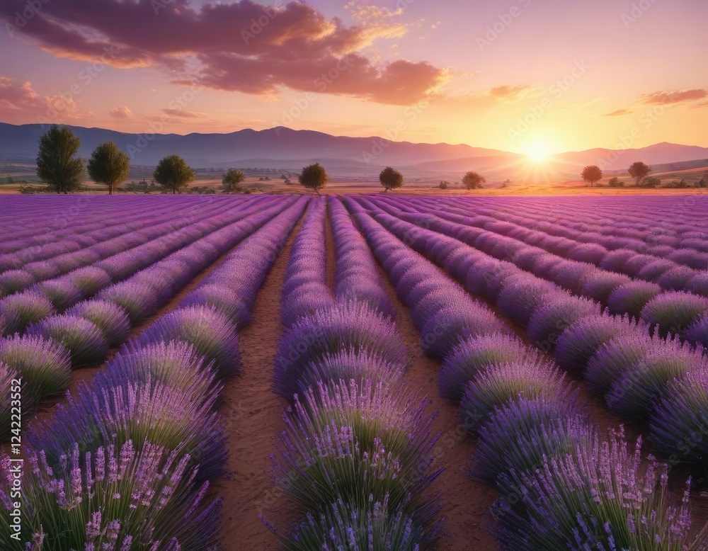 Fototapeta premium Lavender fields at sunset on a warm summer day, calming atmosphere, natural beauty