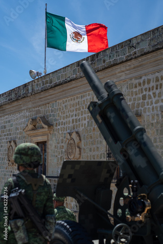 Mexican Artillery forces with flag photo