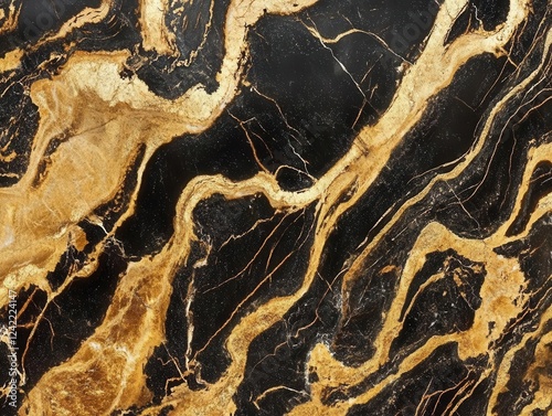 opulent golden marble swirls intertwining with deep obsidian veins, creating luxurious abstract patterns with metallic sheen, high-resolution detail, photorealistic texture