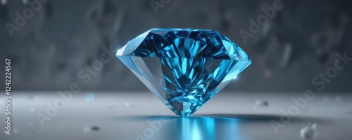 Luminous blue diamond emitting a soft glow on a clean and minimalist background, soft luminescence, blue topaz, warm tone photo