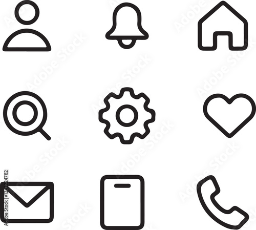 Clean Black Line Icons – User Interface, Mobile Apps, Web Design (Profile, Search, Cart, Star)