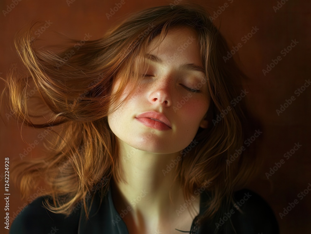 portrait of elegant woman with glossy chestnut hair flowing in motion, soft beauty lighting, focus on silky smooth texture and natural shine portrait of elegant woman with glossy chestnut hair flowing in motion, soft beauty lighting, focus on silky smooth texture and natural shine
