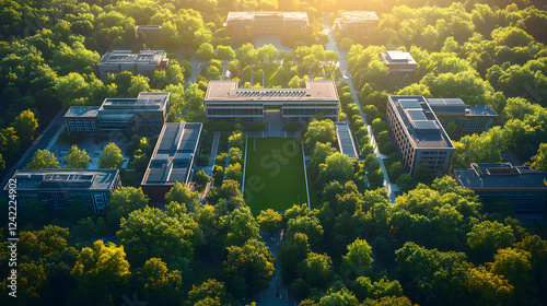 Climate resilience strategies on a green campus with vibrant tennis courts and sustainable design for future generations