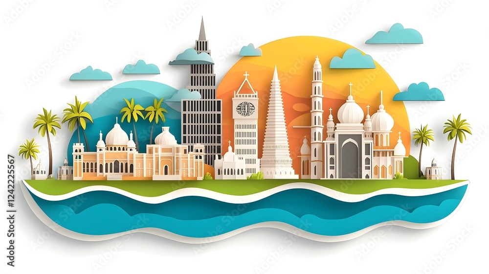 Fototapeta premium Monochrome Architectural Silhouettes A minimalist black and white collection featuring key building structures like skyscrapers churches and pagodas in a modern abstract icon design style