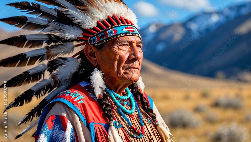 Obraz premium Elderly native american man in traditional attire