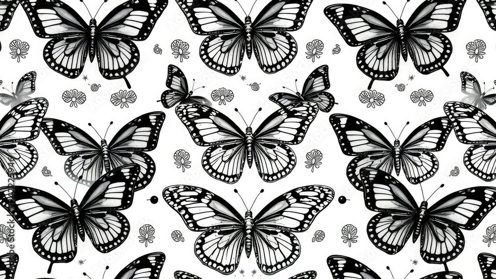 Majestic black and white butterfly seamless pattern with intricate details, regal style, sophisticated look Majestic black and white butterfly seamless pattern with intricate details, regal style, sophisticated look