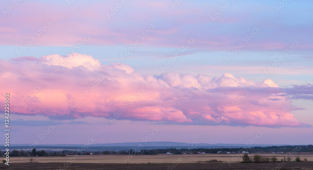 Obraz premium Soft pastel sunrise with delicate pink, lavender, and baby blue clouds stretching across the sky
