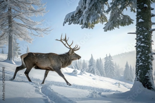 Wallpaper Mural Majestic deer with large antlers walking through the snowy woods, tree branches, snowflakes Torontodigital.ca