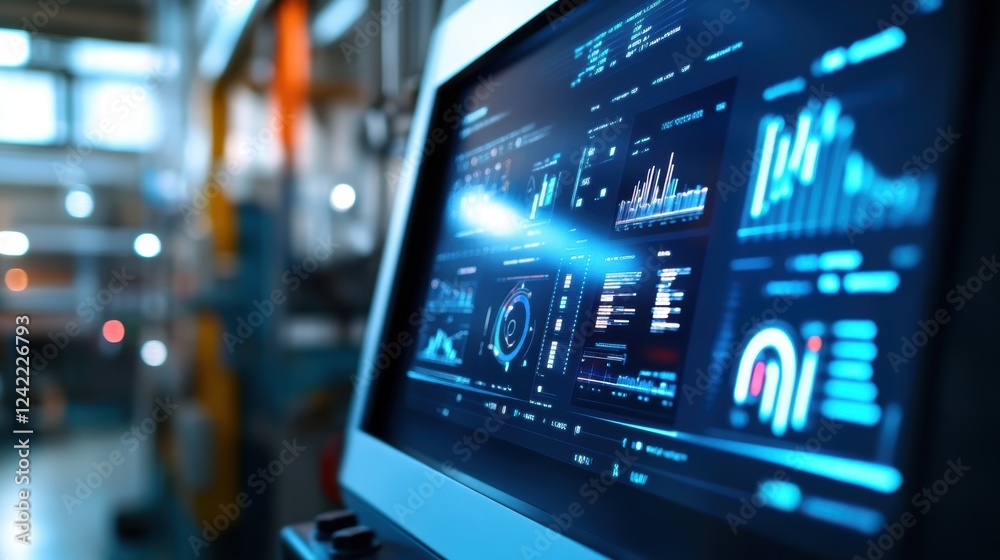Innovative computer screen displaying various data and statistics related to industrial processes, signifying the integration of technology in modern manufacturing Innovative computer screen displaying various data and statistics related to industrial processes, signifying the integration of technology in modern manufacturing